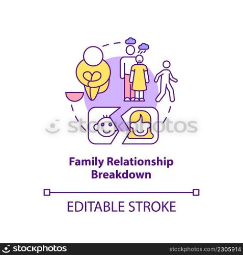 Family relationship breakdown concept icon. Unaccompanied youth cause abstract idea thin line illustration. Break-ups. Isolated outline drawing. Editable stroke. Arial, Myriad Pro-Bold fonts used. Family relationship breakdown concept icon