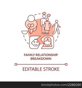 Family relationship breakdown terracotta concept icon. Family estrangement abstract idea thin line illustration. Break-ups. Isolated outline drawing. Editable stroke. Arial, Myriad Pro-Bold fonts used. Family relationship breakdown terracotta concept icon