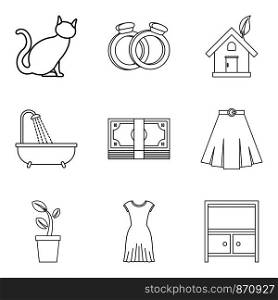 Family relationship icons set. Outline set of 9 family relationship vector icons for web isolated on white background. Family relationship icons set, outline style