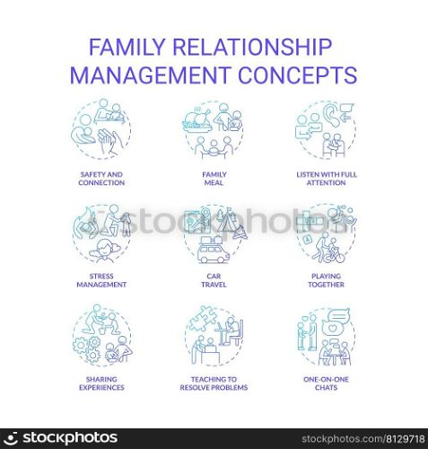 Family relationship management blue gradient concept icons set. Spend time with family members idea thin line color illustrations. Isolated symbols. Roboto-Medium, Myriad Pro-Bold fonts used. Family relationship management blue gradient concept icons set