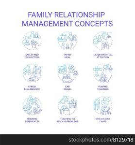 Family relationship management blue gradient concept icons set. Spend time with family members idea thin line color illustrations. Isolated symbols. Roboto-Medium, Myriad Pro-Bold fonts used. Family relationship management blue gradient concept icons set