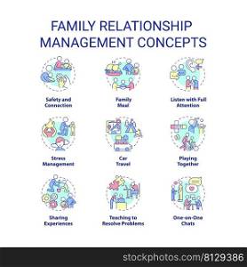 Family relationship management concept icons set. Spend time together idea thin line color illustrations. Isolated symbols. Editable stroke. Roboto-Medium, Myriad Pro-Bold fonts used. Family relationship management concept icons set