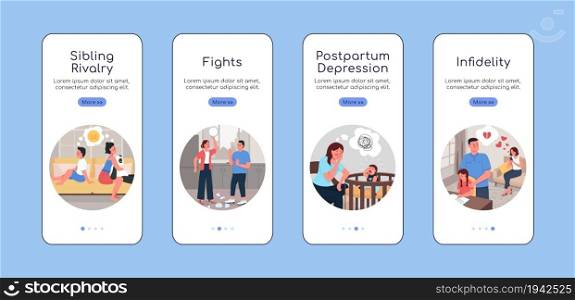 Family relationship problem onboarding mobile app screen flat vector template. Walkthrough website 4 steps with characters. Creative UX, UI, GUI smartphone cartoon interface, case prints set. Family relationship problem onboarding mobile app screen flat vector template