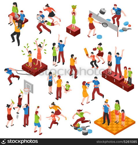 Family Relationships Icon Set. Isometric family relationships icon set with playing in games championship and enjoyed each other vector illustration