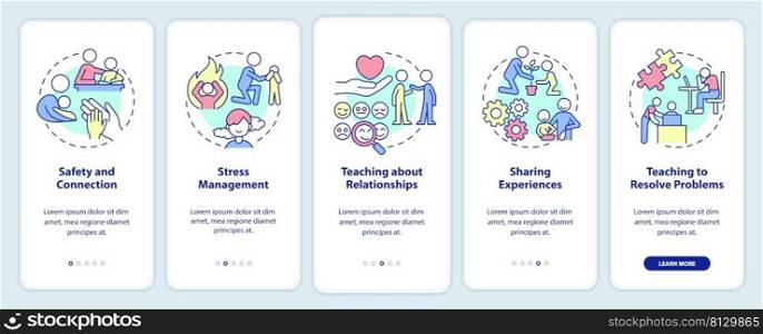 Family relationships importance onboarding mobi≤app screen. Walkthrough 5 steps graφc instructions pa≥s with li≠ar concepts. UI, UX, GUI template. Myriad Pro-Bold, Regular fonts used. Family relationships importance onboarding mobi≤app screen