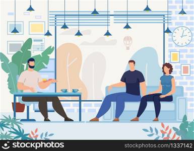 Family Relationships Problems Therapy Trendy Flat Vector Concept. Male Psychologist Consulting Couple, Wife and Husband Visiting Psychological Counseling, Therapist Talking with Patients Illustration