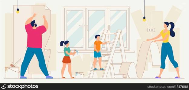Family Repairing Home, Apartment Renovation Flat Vector. Kids Helping Parents to Wallpapering, Father Hanging Wallpaper Stripes on Wall, Mother Rolling Wallpaper, Children Pasting Adhesive with Brush