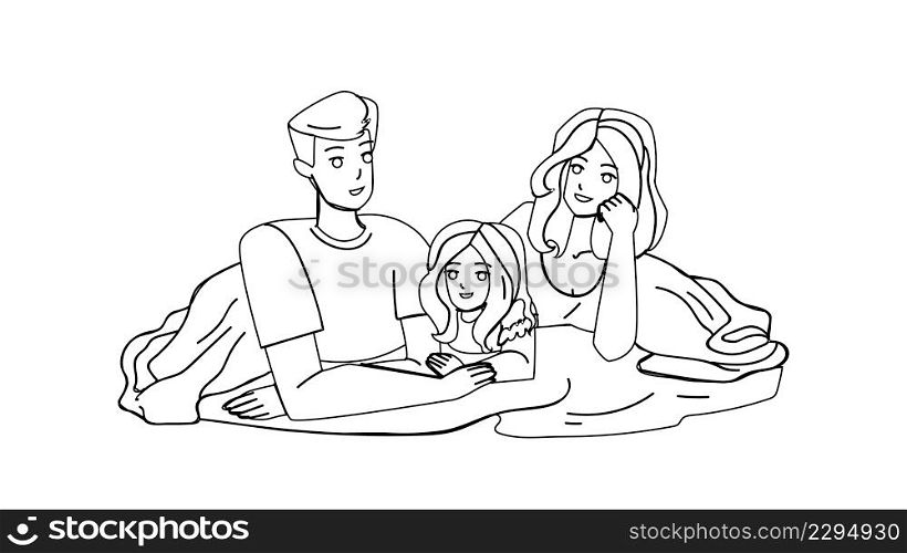 Family Resting In Bedroom Togetherness Black Line Pencil Drawing Vector. Father Mother And Daughter Laying On Bed And Relaxing Together In Bedroom. Characters Man, Woman And Girl Kid Enjoying. Family Resting In Bedroom Togetherness Vector