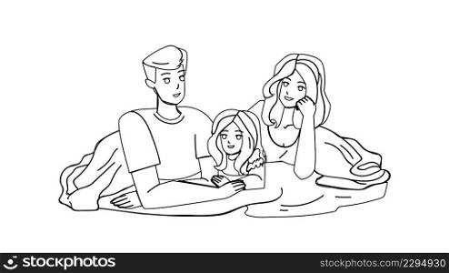 Family Resting In Bedroom Togetherness Black Line Pencil Drawing Vector. Father Mother And Daughter Laying On Bed And Relaxing Together In Bedroom. Characters Man, Woman And Girl Kid Enjoying. Family Resting In Bedroom Togetherness Vector
