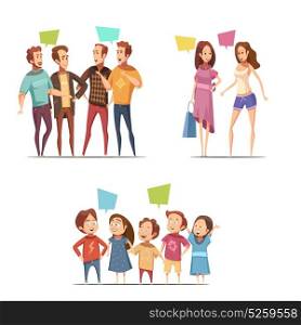 Family Retro Cartoon Set. Family retro cartoon set with funny groups of male female and children characters talking to each other flat vector illustration