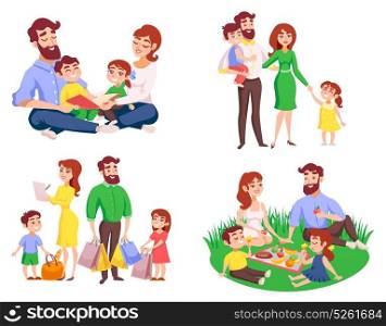 Family Retro Cartoon Style Set. Set of family during walk, picnic in meadow, reading, after shopping retro cartoon style isolated vector illustration