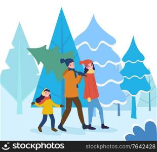 Family returning home from shopping. Man carrying pine tree for christmas holiday. Mother and father with kid walking in forest with spruce and fir. Preparation for xmas and new year, vector. Christmas Preparation, Family Carrying Pine Tree