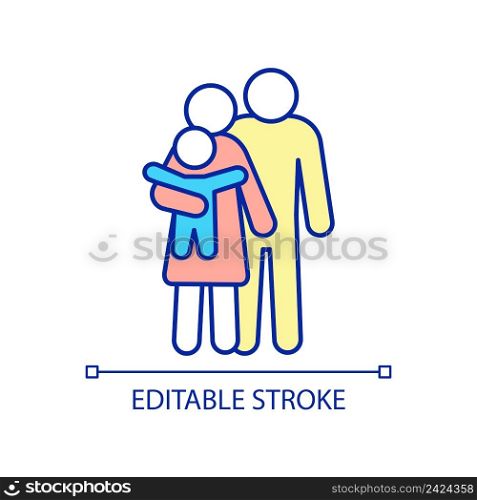 Family RGB color icon. Related group of people. Unity members. Household. Parents and child. Isolated vector illustration. Simple filled line drawing. Editable stroke. Arial font used. Family RGB color icon