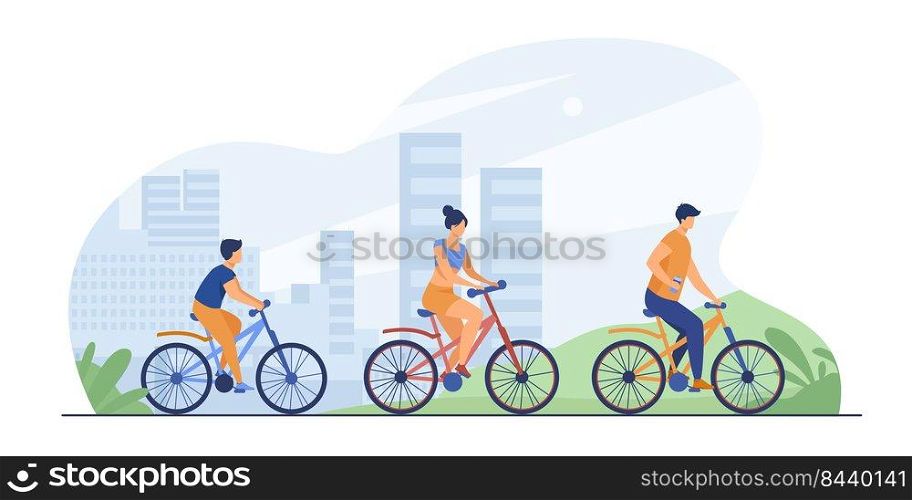 Family riding bikes in city park. Young couple with child cycling outdoors. Vector illustration for urban activity, healthy lifestyle, vacation concept