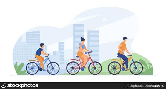Family riding bikes in city park. Young couple with child cycling outdoors. Vector illustration for urban activity, healthy lifestyle, vacation concept