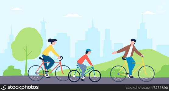Family riding bikes. Mother kid ride bicycle in city park or forest. Weekend on nature, active outdoor sporting lifestyle. Summertime recent vector scene. Illustration of bike ride summer. Family riding bikes. Mother kid ride bicycle in city park or forest. Weekend on nature, active outdoor sporting lifestyle. Summertime recent vector scene