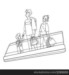 Family Riding On Mall Escalator Together Black Line Pencil Drawing Vector. Father, Mother And Son On Mall Escalator, Recreational Time In Shopping Center. Characters Man, Woman And Kid Make Purchases. Family Riding On Mall Escalator Together Vector