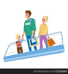 Family Riding On Mall Escalator Together Vector. Father, Mother And Son On Mall Escalator, Recreational Time In Shopping Center. Characters Man, Woman And Kid Make Purchases Flat Cartoon Illustration. Family Riding On Mall Escalator Together Vector