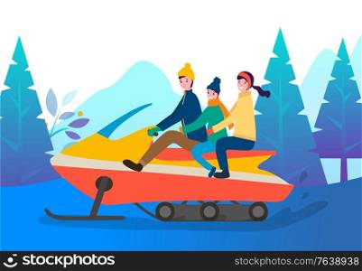Family riding snowmobile on winter snowy roads in park or forest. Mother, father and son spend time actively together on weekend or holidays, cold weather. Vector transport with people in wood. Family Riding Snowmobile in Winter Forest or Wood