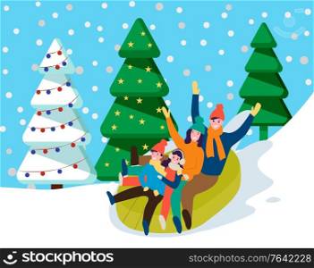 Family riding together in snowy forest. Mother, father and their children tubing downhill. Parents spend time with kids. Recreational wintertime activity that similar to sledding. Vector in flat. Family Tubing in Snowy Forest, Wintertime Activity