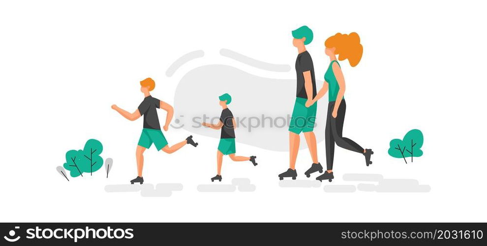 Family roller skating in park. Cute parent training together with children. Healthy lifestyle. Summer active recreation. Happy people walking or doing exercises outdoor. Sport activity. Vector workout. Family roller skating in park. Parent training together with children. Healthy lifestyle. Summer active recreation. People walking or doing exercises outdoor. Sport activity. Vector workout