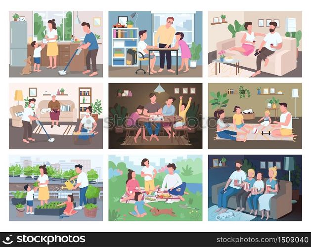 Family routine flat color vector illustrations set. Entertainment for parents and children. Mother and father do chores with kids. Children play games. Relatives 2D cartoon characters