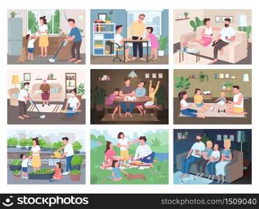 Family routine flat color vector illustrations set. Entertainment for parents and children. Mother and father do chores with kids. Children play games. Relatives 2D cartoon characters