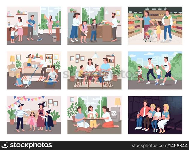 Family routine flat color vector illustrations set. Mother and father buy groceries with kids. Parents spend time with children while cleaning house. Watch movie on couch. 2D cartoon characters