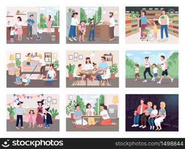 Family routine flat color vector illustrations set. Mother and father buy groceries with kids. Parents spend time with children while cleaning house. Watch movie on couch. 2D cartoon characters
