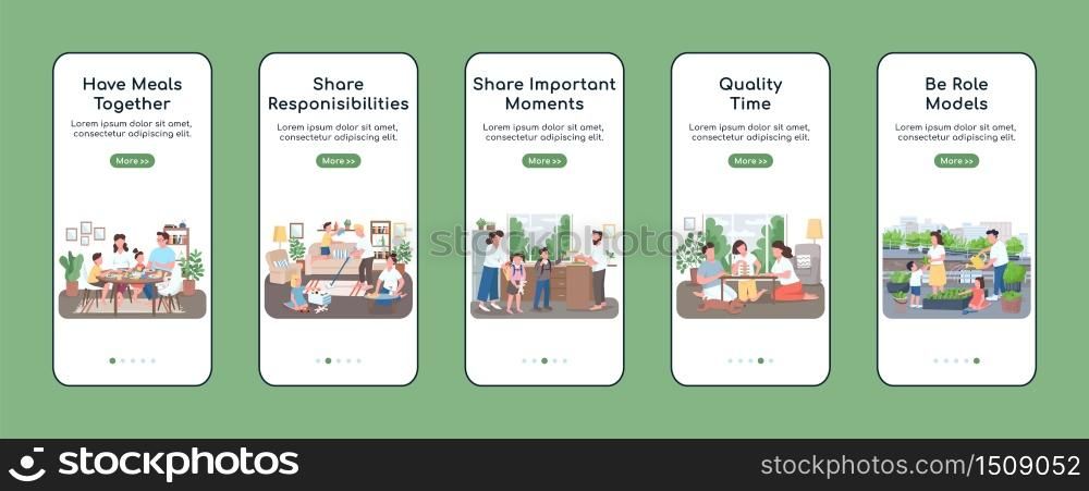Family routine onboarding mobile app screen flat vector template. Activities for parents and kids. Walkthrough website steps with characters. UX, UI, GUI smartphone cartoon interface, case prints set