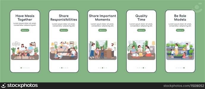 Family routine onboarding mobile app screen flat vector template. Activities for parents and kids. Walkthrough website steps with characters. UX, UI, GUI smartphone cartoon interface, case prints set