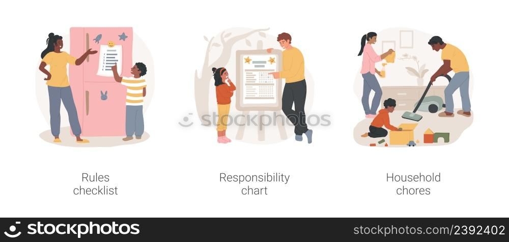Family rules isolated cartoon vector illustration set. Rules checklist hanging on the fridge, responsibility chart, family member duty, help with household chores, home routine vector cartoon.. Family rules isolated cartoon vector illustration set.