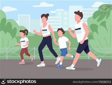 Family run marathon flat color vector illustration. Parent jog in park with children. Mom and dad racing with kids for competition. Relatives 2D cartoon characters with interior on background
