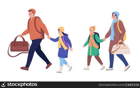 Family running away from war semi flat color vector characters. Sad figures. Full body people on white. Russian invasion. Simple cartoon style illustration for web graphic design and animation. Family running away from war semi flat color vector characters