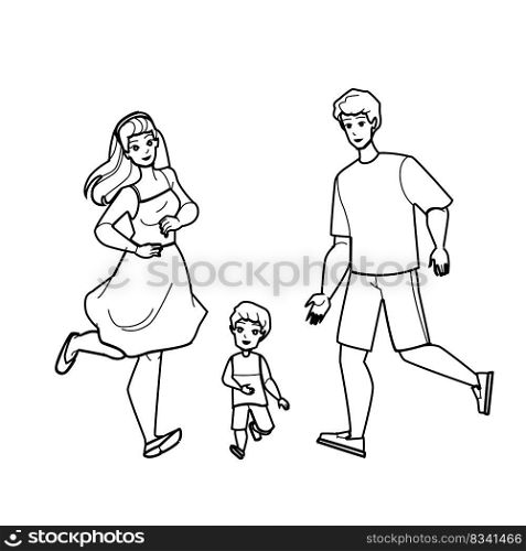 family running line pencil drawing vector. happy together, run fun, summer mother, woman child, young joy, family ma, son family running character. people Illustration. family running vector
