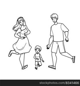 family running line pencil drawing vector. happy together, run fun, summer mother, woman child, young joy, family ma, son family running character. people Illustration. family running vector