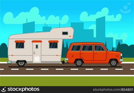 Family rv camping trailer on road. Country traveling and outdoor vacation vector concept. Transport for journey, motorhome truck for travel illustration. Family rv camping trailer on road. Country traveling and outdoor vacation vector concept