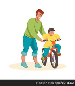 Family scenes. Dad teaches son to ride bike, happy father and little boy spend time together outdoors, kid riding bicycle, parenthood and childhood concept, colorful cartoon vector isolated characters. Family scenes. Dad teaches son to ride bike, father and little boy spend time together outdoors, kid riding bicycle, parenthood and childhood concept, cartoon vector isolated characters
