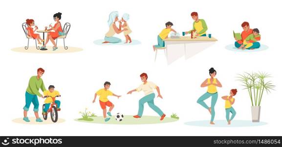Family scenes. Kids and parents playing reading and spending time together, father mother daughter and son characters. Vector image family relationship, education mom, dad with kids. Family scenes. Kids and parents playing reading and spending time together, father mother daughter and son characters. Vector family relationship