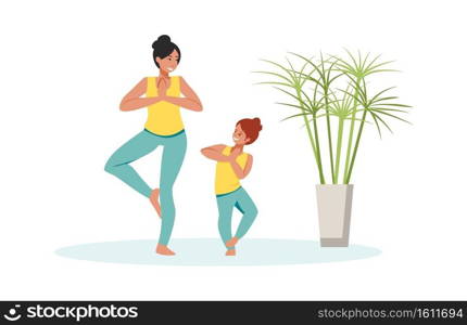 Family scenes. Mother and daughter do yoga, happy mom and little girl spend time together, kid doing asana and meditation, parenthood and childhood concept, colorful cartoon vector isolated characters. Family scenes. Mother and daughter do yoga, mom and little girl spend time together, kid doing asana and meditation, parenthood and childhood concept, cartoon vector isolated characters