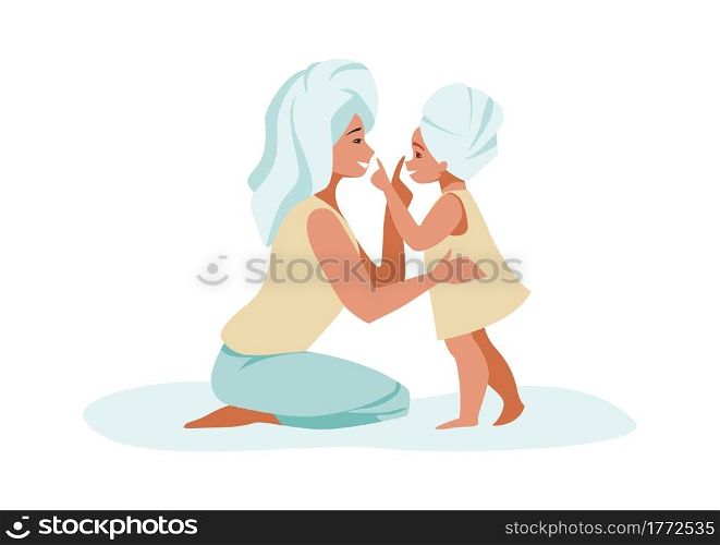 Family scenes. Mother and daughter spend time together at home. Cartoon characters with towels wrapped around heads. Cute woman and girl after shower. Vector happy persons doing cosmetic procedures. Family scenes. Mother and daughter spend time together at home. Cartoon characters with towels wrapped around heads. Woman and girl after shower. Vector persons doing cosmetic procedures