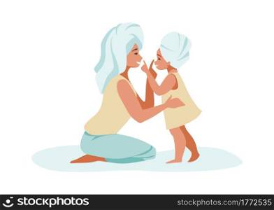 Family scenes. Mother and daughter spend time together at home. Cartoon characters with towels wrapped around heads. Cute woman and girl after shower. Vector happy persons doing cosmetic procedures. Family scenes. Mother and daughter spend time together at home. Cartoon characters with towels wrapped around heads. Woman and girl after shower. Vector persons doing cosmetic procedures