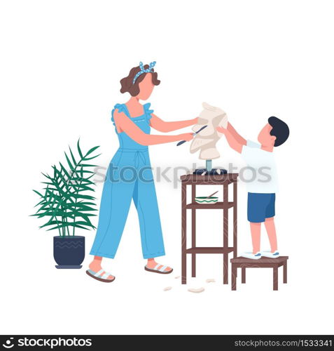 Family sculpting flat color vector faceless character. Mother help son carving marble. Leisure for parent and kid. Creative hobby isolated cartoon illustration for web graphic design and animation. Family sculpting flat color vector faceless character