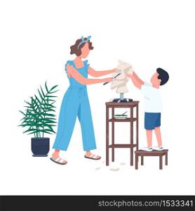 Family sculpting flat color vector faceless character. Mother help son carving marble. Leisure for parent and kid. Creative hobby isolated cartoon illustration for web graphic design and animation. Family sculpting flat color vector faceless character