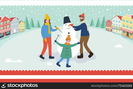 Family sculpts snowman, building of winter character vector. Woman and man, father mother child holding branch, carrot nose and bucket of snowballs. Family Sculpts Snowman, Building Winter Character