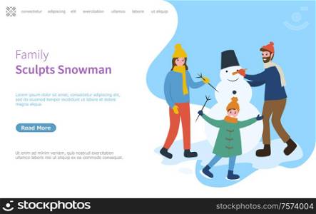 Family sculpts snowman, father and mother with kid holding branch vector. Man made of snowballs wearing bucket on heat, character with carrot nose. Family Sculpts Snowman, Father and Mother with Kid