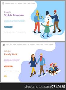 Family sculpts snowman wintertime and activities in winter season vector. Father and mother pulling sledges with children, snowy weather, frosty air. Family Sculpts Snowman Wintertime and Activities