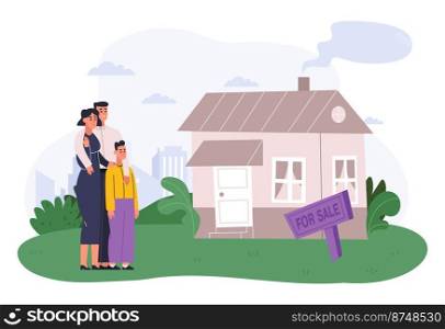 Family searching new home. Parents with son looking at new house for sale. Cartoon mother, father and kid wanting to buy real estate, choosing new home. Outside scene vector illustration. Family searching new home. Parents with son looking at new house for sale. Cartoon mother, father and kid wanting to buy real estate