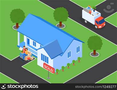 Family Sells House and Leaves Vector Illustration. Family Ordered Professional Transportation Things and Furniture to Purchased Home. Husband and Wife are Waiting for Van with Furniture Near House.. Family Sells House and Leaves Vector Illustration.