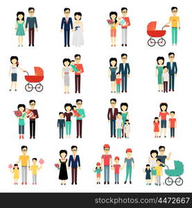 Family set. Man woman and child. Collection of various families. Couple man and woman bride and groom, father and small child in stroller, mother and father with son and daughter. Vector illustration